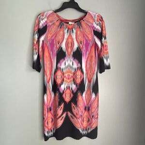 Chico's Dress Size 1 US 8 Orange Knee Length Pullover Shift Watercolor Fall